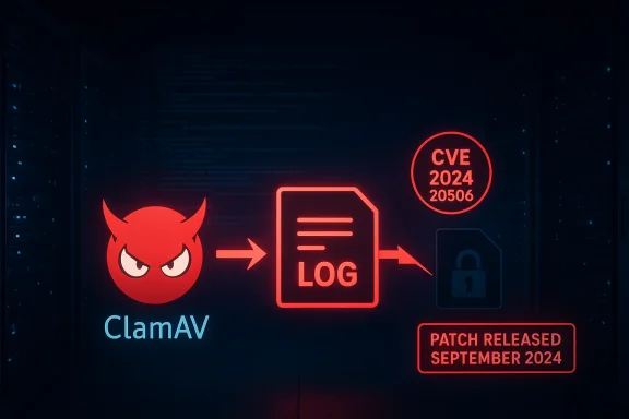 ClamAV icon leads to a log file and a patch, citing CVE-2024-20506 with patch release September 2024.