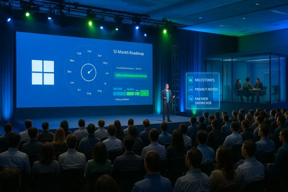 Presenter explains a 12-month roadmap to a large audience on a blue-lit stage. Presenter explains a 12-month roadmap to a large audience on a blue-lit stage.