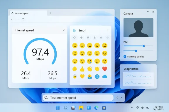 A Windows 11 desktop with floating widgets for internet speed, emojis, camera, and diagnostics. A Windows 11 desktop with floating widgets for internet speed, emojis, camera, and diagnostics.