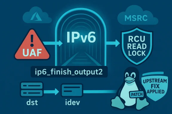 IPv6 tunnel diagram with UAF warning, patch applied, and RCU read lock in Linux style.