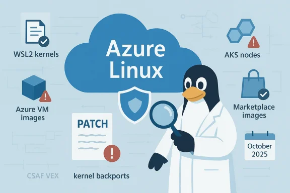 Azure Linux cloud with Tux the penguin and icons for WSL2 kernels, VM images, AKS, and marketplace images.