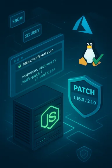Security-focused tech illustration with Linux Tux, a Node.js server, a patch shield, and code.