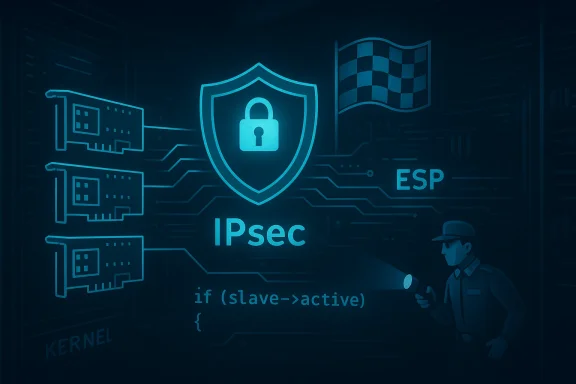 Neon blue security illustration with IPsec shield, ESP, and a guard inspecting servers.