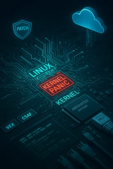 Neon Linux kernel panic on a circuit board, with patch shield and cloud icons.