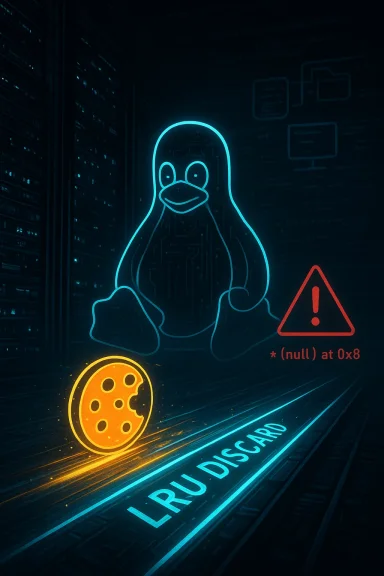Neon blue Linux penguin sits in a data center beside a glowing cookie and an LRU_DISCARD warning.