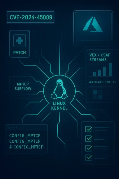 Futuristic circuit diagram centered on the Linux kernel with labels and checks.