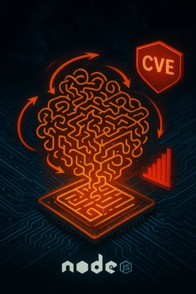 Neon orange brain-like maze rises from a microchip on a blue circuit board, beside a CVE shield and Node.js logo.