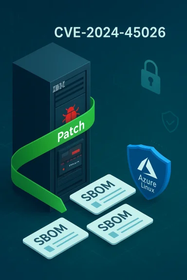 Patch for CVE-2024-45026 on an IBM server with SBOM cards and Azure Linux shield.