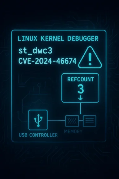 Blue neon Linux kernel debugger poster highlighting CVE-2024-46674 and USB memory flow.
