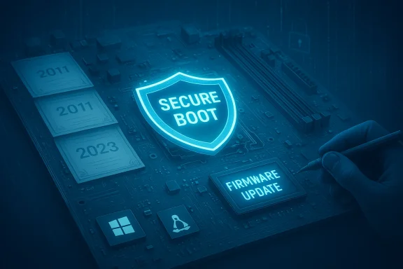 Glowing Secure Boot shield on a motherboard during a firmware update. Glowing Secure Boot shield on a motherboard during a firmware update.