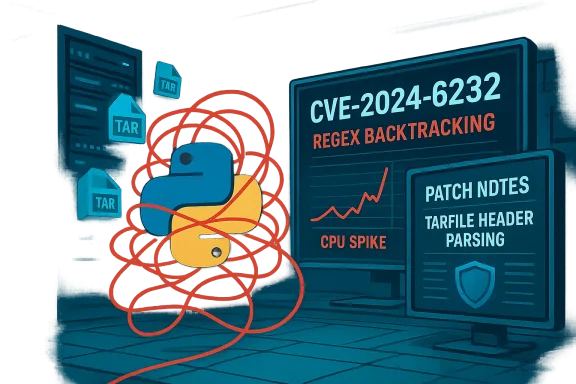 Python logo tangled in red loops beside CVE-2024-6232, highlighting regex backtracking and tarfile header parsing.