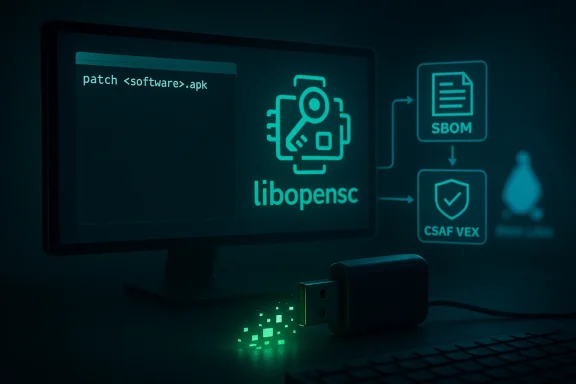 Dim setup showing APK patching on screen, libopensec logo, SBOM/CSAF VEX icons, and a glowing USB drive.