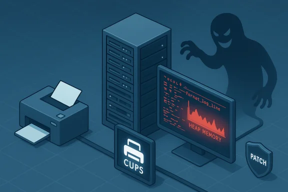 A ghostly hacker looms near servers, a monitor shows heap memory and a patch shield.