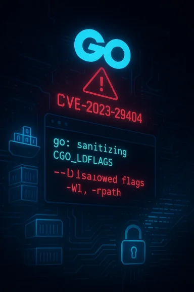 Neon Go logo with a CVE-2023-29404 warning on a circuit-board backdrop.