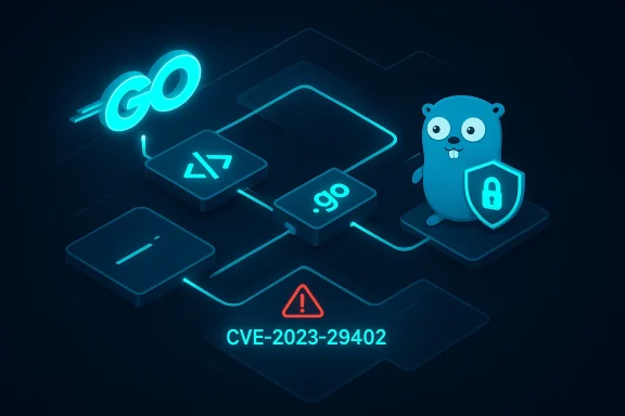 Go logo with gopher, code blocks, and a CVE-2023-29402 security warning.