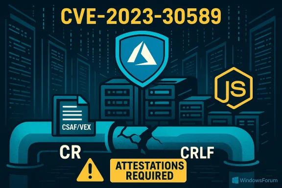 CVE-2023-30589 depicted in a data center with a shield, servers, and an “Attestations Required” warning.