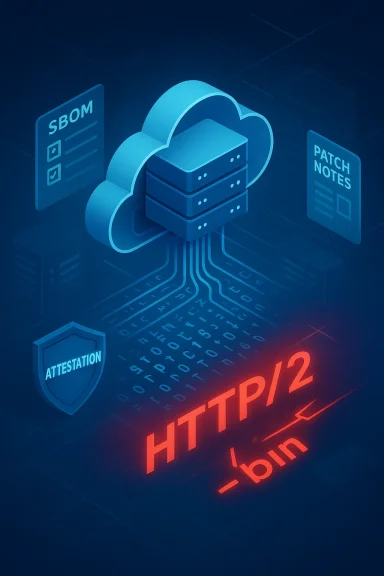 Cloud servers with SBOM, patch notes, attestation shield, and glowing HTTP/2.