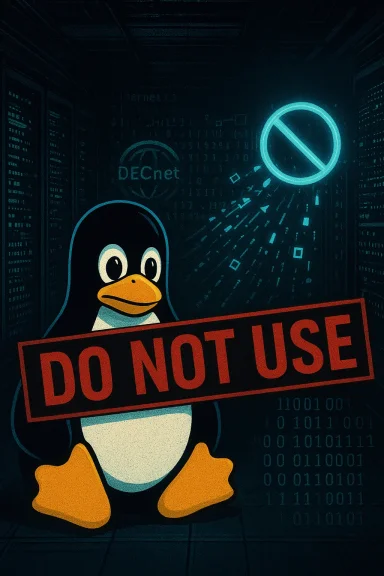 Tux the Linux penguin stands behind a red DO NOT USE sign in a neon cyber server room.
