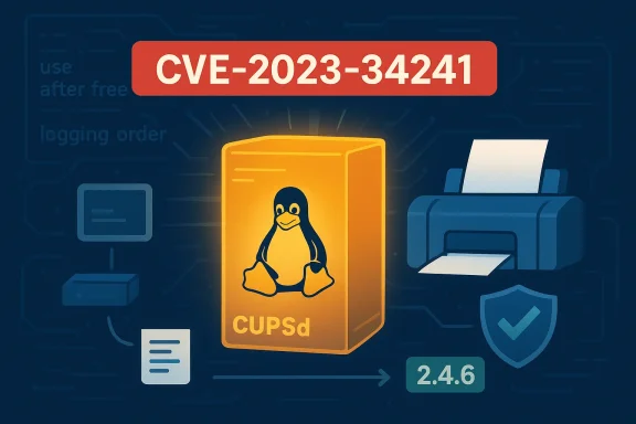Illustration of CVE-2023-34241: CUPSd vulnerability in CUPS (Linux printing).