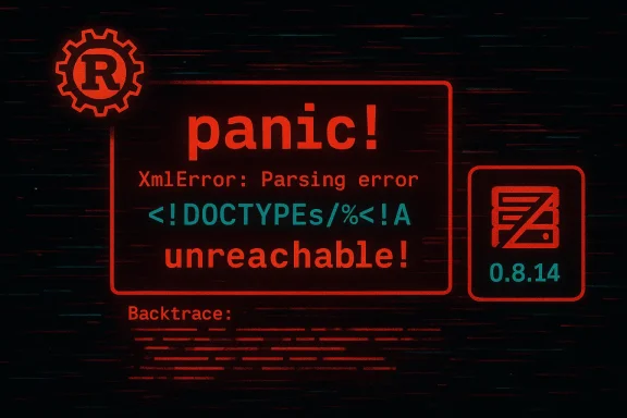 A red, glitchy panic screen displaying a parsing error and backtrace in retro hacker style.
