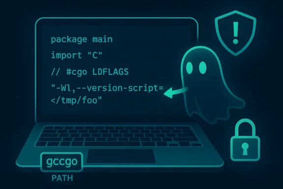A glowing ghost points at code on a laptop, with shield and lock security icons nearby.