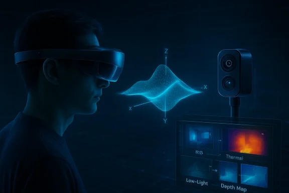 Person wearing a VR headset watches a glowing holographic 3D wave near a camera rig.