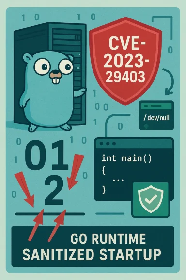 Go gopher guards a server against CVE-2023-29403 in Go runtime startup.