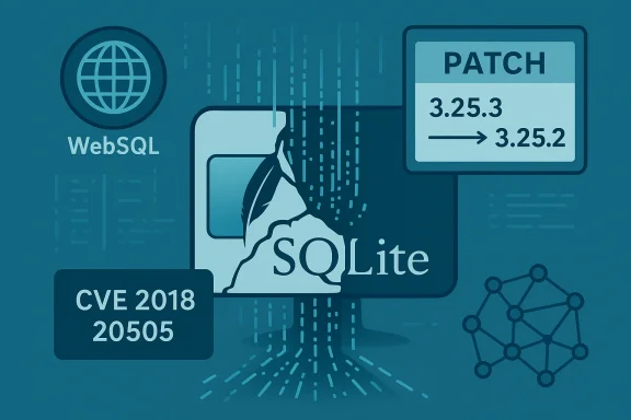 SQLite and WebSQL graphics showing a patch upgrade (3.25.3 to 3.25.2) and CVE 2018-20505.