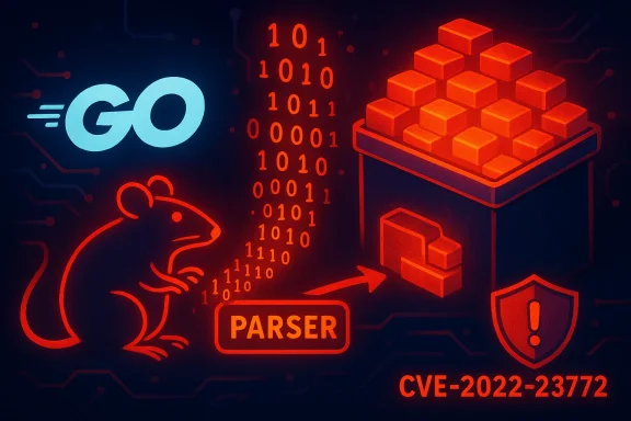 Go logo with a rat, binary digits, a stack of blocks, and CVE-2022-23772 security warning.