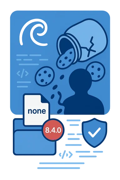 Blue tech infographic with a user silhouette, spilling pills from a bottle, code text, and an 8.4.0 security update.