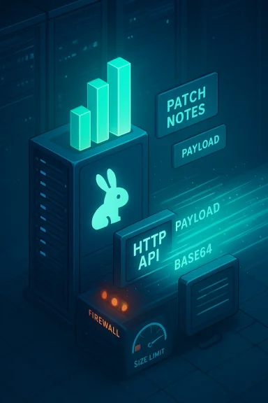 Isometric data center scene featuring a glowing rabbit logo, patch notes, payloads, HTTP API, and a firewall gauge.