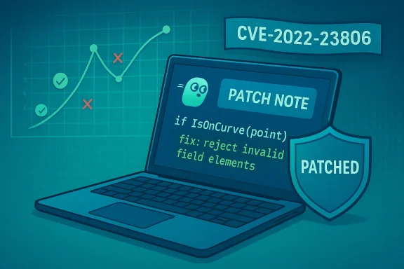 Laptop displays patch note for CVE-2022-23806 with a 'patched' shield and cryptography code.