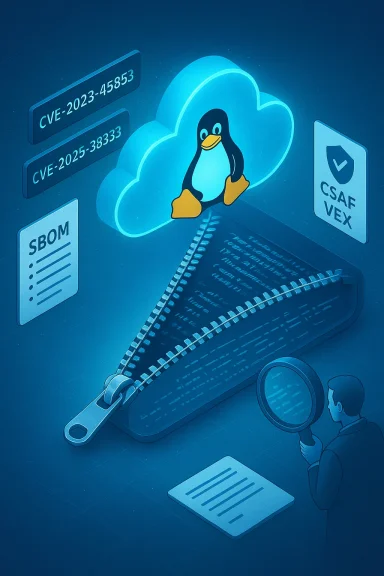 Cloud security illustration featuring Linux penguin, CVEs, SBOM, and VEX being analyzed.