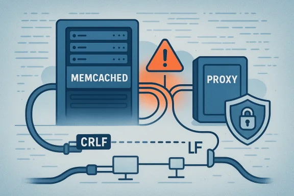 Memcached server connected to a proxy, with a warning and security shield.