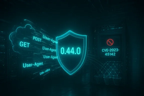 A glowing teal shield labeled 0.44.0 guards API traffic as a server room shows CVE-2023-45142 warning.