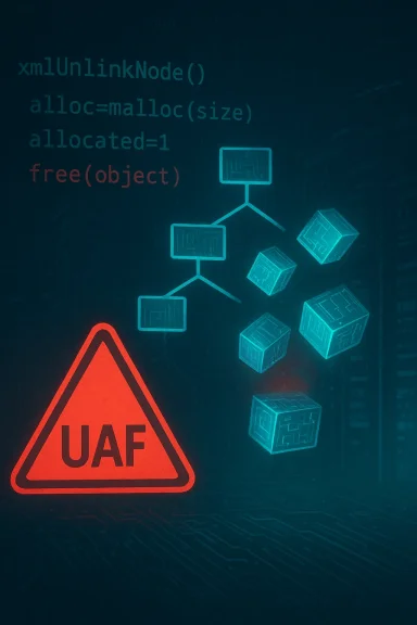 UAF warning: code snippets and a blue cube-tree diagram.