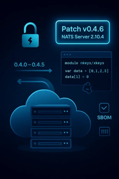 Neon infographic of patch v0.4.6 for NATS Server 2.10.4 with a code snippet and cloud servers.