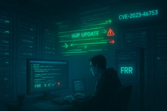 A technician at a terminal in a neon-lit data center, monitoring BGP updates and FRR alerts.