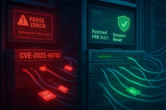 Data center rack shows red parse error and CVE-2023-46752 on left, green patched FRR 9.0.1 on right.