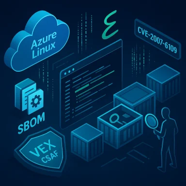 Blue tech illustration with Azure Linux cloud, SBOM, CVE tag, code screen, and a figure inspecting containers.