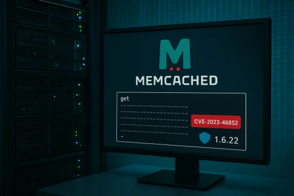 Monitor displays Memcached vulnerability CVE-2023-46852, version 1.6.22.