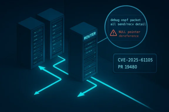 Data-center router setup highlighting a NULL pointer dereference CVE-2025-61105.