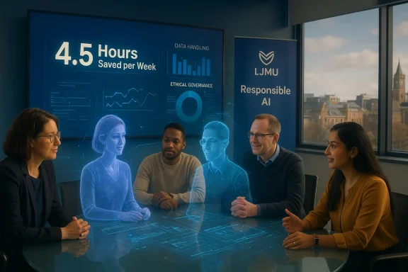 A diverse team sits around a glass table as holographic AI figures join their discussion in a blue-lit briefing room.