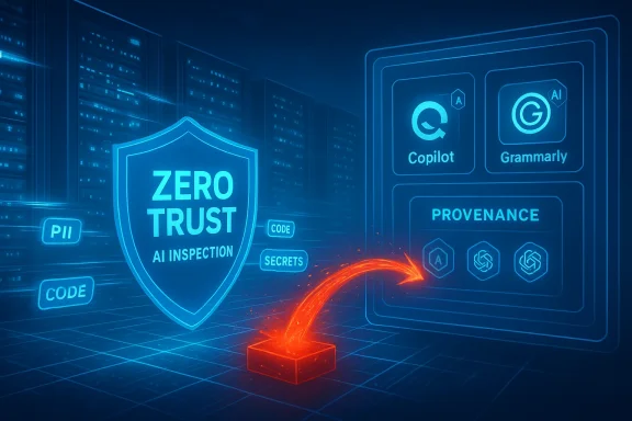 Blue neon Zero Trust shield guides AI inspection toward a provenance dashboard.