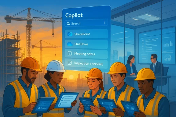 Construction workers review the Copilot interface on tablets at a sunlit building site.
