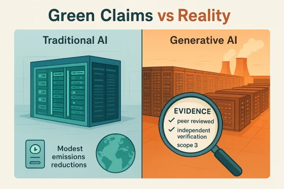 Split infographic contrasting Traditional AI’s modest emissions with Generative AI’s evidence-based claims. Split infographic contrasting Traditional AI’s modest emissions with Generative AI’s evidence-based claims.