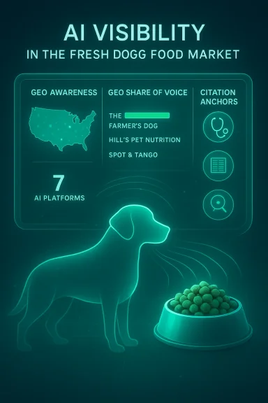 Neon HUD infographic on AI visibility in the dog-food market, featuring a dog outline and kibble bowl.