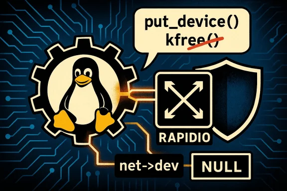 Linux penguin in a gear linked to a RapidIO shield; code terms like put_device() and net->dev NULL.