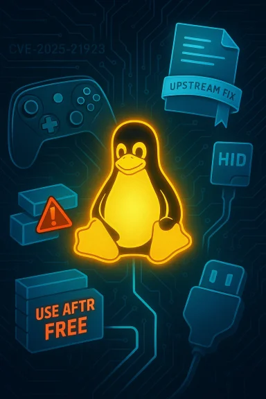 Glowing Linux penguin amid a circuit-board backdrop signaling CVE-2025-21923 and an upstream fix.