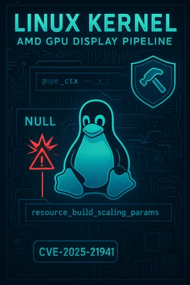 Tech poster of Linux kernel CVE-2025-21941 vulnerability featuring Tux, warning symbol, and circuitry.